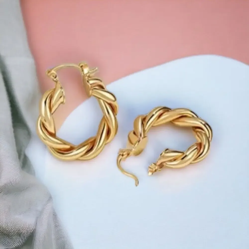 NEW 14K yellow gold plated twisted hoop earrings jewelry gift B19
